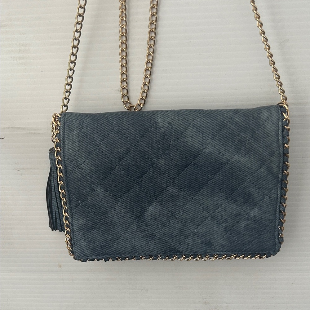 Quilted Denim-Style Crossbody Bag with Gold Chain